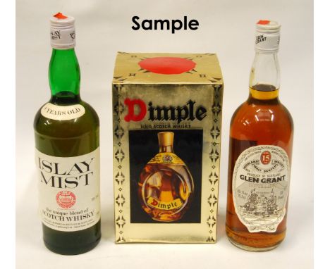 Mixed whisky, including 8 Year Old Islay Mist, Dimple (4x Whisky), Vodka, Cognac one other, seven bottles in total.