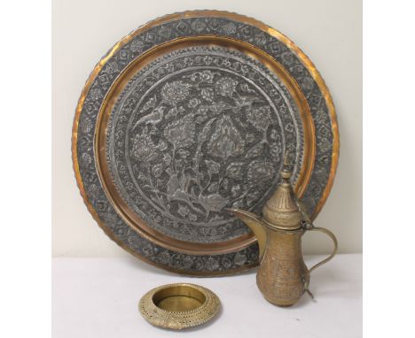 Middle Eastern circular copper and white metal tray with embossed and punched decoration of exotic birds amongst flowers and 