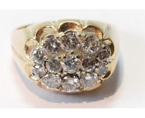 Gent's diamond ring with thirteen pave set brilliants, approx 2ct total, in gold "14k" Condition Report. 10g