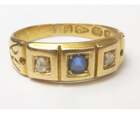 Diamond and sapphire three stone ring in 18ct gold, Chester 1881. Size "I". Condition Report. 2.7g