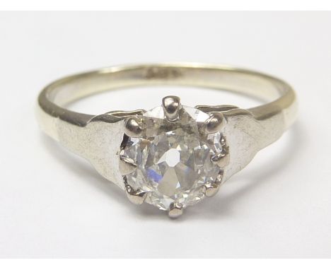 Diamond solitaire ring with old cut brilliant, approx .75ct in white gold. Size "M1/2".