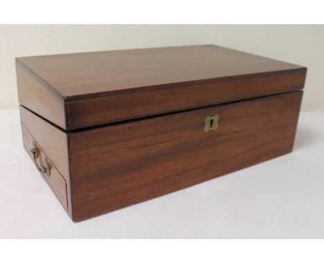 Victorian mahogany writing box of rectangular form with twin brass swing handles, fitted interior with slope, pen tray and in