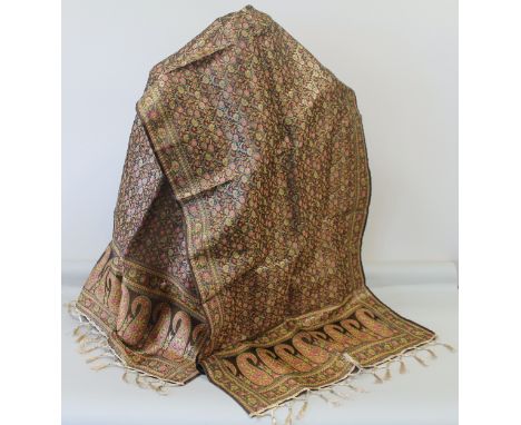 20th century Eastern scarf or shawl woven in pink, lime green, brown and metallic threads,with floral field, floral and chevr