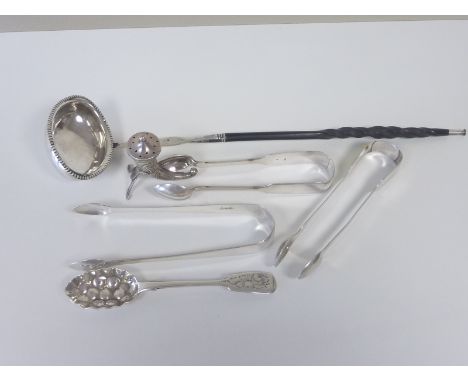 Georgian silver toddy ladle, circa 1800, three sugar tongs, (two Exeter, 1816 and 1858, another 1808) a berry tea spoon, 1850