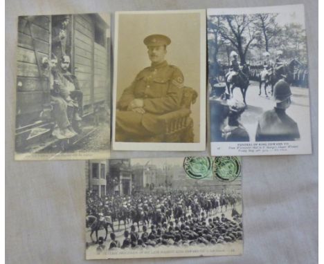 1914 WWI Postcard - French Wounded sit on a railway carriage with their trophies. Unusual card-1910 Funeral of King Edward VI
