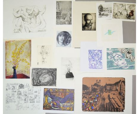 Sammlungsnachlass, 14 sign. Graphiken, ein Aquarell, eine Zeichnung &amp;amp; große Kupferstich-Platte, in zwei Sammelmappen 