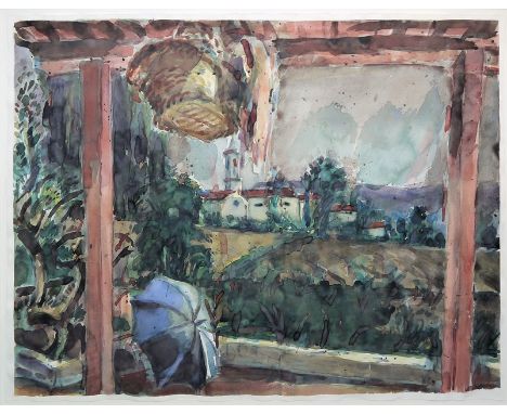 Ronald Paris, Große expressive Landschaft &amp;amp; Mediterrane Terrasse mit Ausblick auf ein Dorf, zwei Aquarelle, anspreche