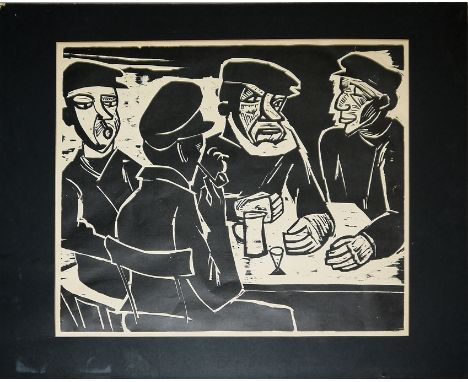 Hermann Max Pechstein, "In der Kneipe, Kajüte", großer Holzschnitt von 1922, mit Nachlass-SignaturstempelHermann Max Pechstei