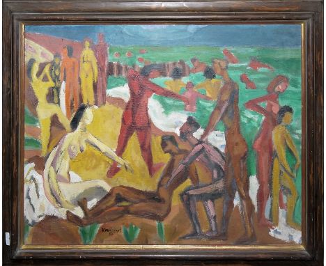 Karl Heinz Krauskopf, "Baden in Konstanz am Bodensee", expressionistisches Ölgemälde von 1954, gerahmt, mit monographischem K