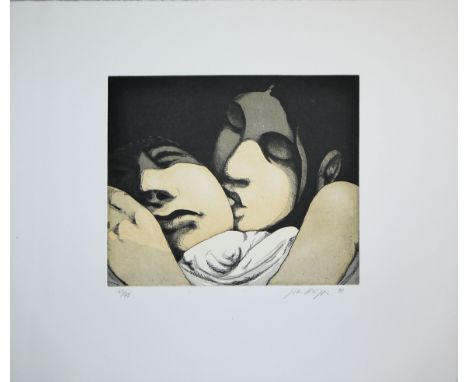 Johannes Hüppi, Paar, signierte Farbradierung von 1998Johannes Hüppi, *1965 Baden-Baden, Frau, das Ohr ihres schlafenden Lieb