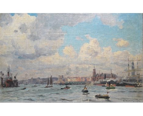 Friedrich Kallmorgen, Hamburger Hafen, Ölgemälde von 1922, gerahmtFriedrich Kallmorgen,1856 Altona - 1924 Grötzingen, deutsch