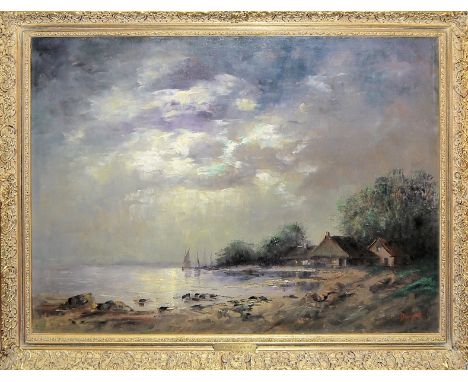 Louis Douzette, Abendstimmung am See, Ölgemälde, gerahmtCarl Ludwig Christoph Douzette, 1834 Tribsees- 1924 Barth, deutscher 
