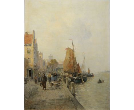 Karl Wagner, Holländische Hafenszene, Ölgemälde, gerahmtKarl Ludwig Friedrich Wagner, auch Carl Wagner, 1839 Karlsruhe- 1923 