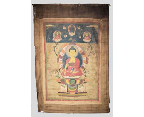 Sino-tibetisches Thangka des Buddha, Tibet 19. Jh.Der historische Buddha Shakyamuni, in der Geste der Erdberührung auf Lotust