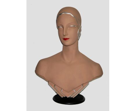 Mannequin-Büste, Berlin um 1930, modern gefasstSchaufensterfigur aus Stuck in klassischer Büstenform auf Sockel, Hersteller "