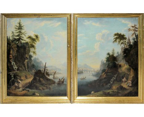 Johann Alexander Thiele zugeschrieben, Paar bergige Flusslandschaften mit Fischern, Gegenstücke, Ölgemälde, in vergoldeten Bi