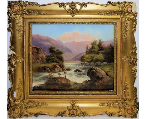 Carola - Königin von Sachsen, Wildromantische Flusslandschaft, Ölgemälde von 1861, im originalen GoldstuckrahmenCarola - Köni
