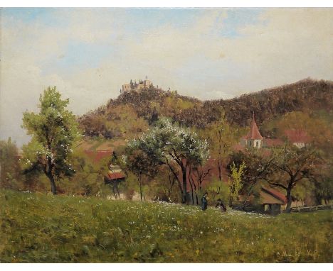 Victor Puhonny, Frühlingslandschaft mit der Ebersteinburg, Ölgemälde von 1880, gerahmtVictor Puhonny, 1938 Prag - 1909 Baden-