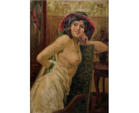 Adolf Hacker, Koketter Frauenakt, Ölgemälde Paris 1913, in schwerem GoldstuckrahmenAdolf Hacker, 1873 in Schwarzenbach an der