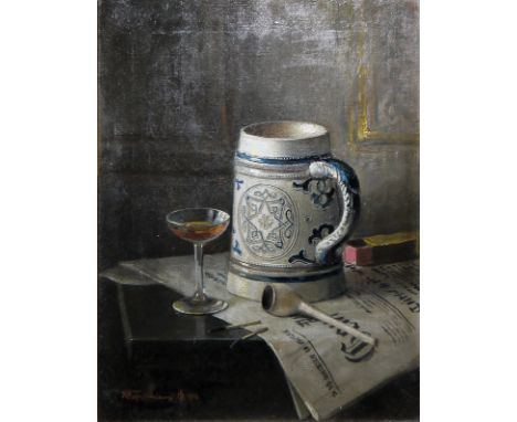 Hermann Capellmann, Stillleben mit Pfeife, Bierkrug und Zeitung, Ölgemälde von 1916, gerahmtHermann Capellmann, 1886 Düsseldo