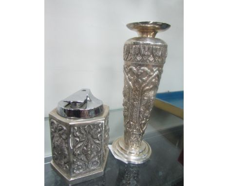 Heavy Siamese silver vase and matching table lighter