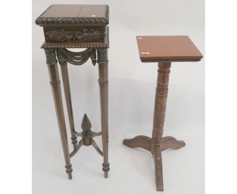 A carved mahogany pedestal, 107cm high and another pedestal (2) Condition Report:Larger item has full width crack on the top,