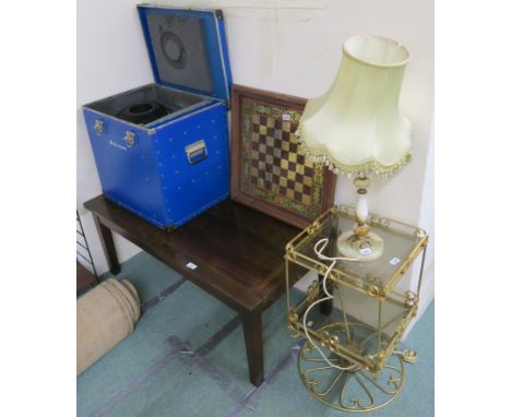 A Morris coffee table, brass occasional table,pair of onyx lamps  Bell and Howell projector etc Condition Report: Available u