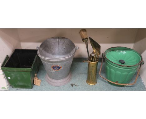 A green enamel coal bucket, kindling box, companion set and a galvanized Waterloo bucket (4) Provenance: The Late Dr Helen. E