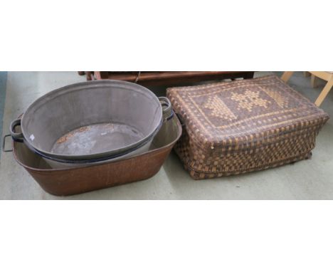 Two tins baths, enamel bath and a rush case (4) Provenance: The Late Dr Helen. E. C. Cargill Thompson Condition Report: Avail