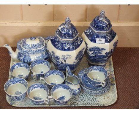 A pair of Spode Blue Tower jars and covers plus various Italian pattern china