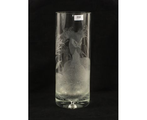 A tall cylindrical glass vase with etched decoration of a nesting grebe, signed John R Carey, 2004, height 16"