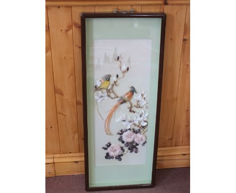 A Japanese shell and Mother of Pearl bird picture, 22" x 9", J.C.Claydon watercolour, The Buckinghamshire Arms, Blickling, wa