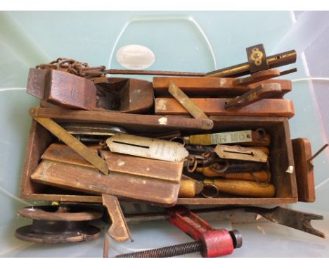Various woodworking tools, spring balances etc