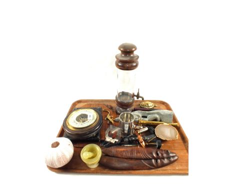 A Mouseman style cheese board, barometer and other items
