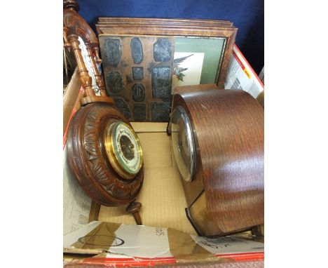 An Oak mantel clock, barometer, printing block and four bird prints