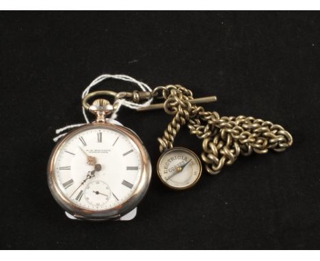 A gents Silver plated cased pocket watch with compass fob