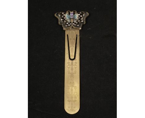 An enamel and stone set bookmark with butterfly termina