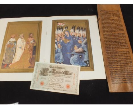 An Eastern parchment manuscript, Copy of the Wilton Diptych and 1000 mark banknote