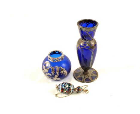 Two blue glass vases with Silver foliate overlay and an enamel scent bottle