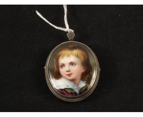 A continental Silver porcelain portrait brooch, head of a girl