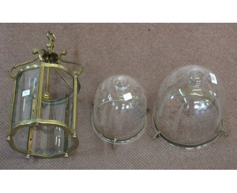 Two cut glass hall light shades and one Brass