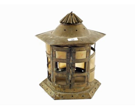 A large 18th Century circular Brass hanging candle lantern with overhanging hexagonal top and base, 14" high, 13" wide (some 