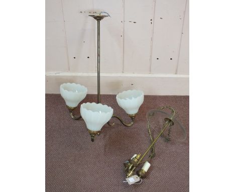 A Brass three branch light fitting and a three lamp ceiling light