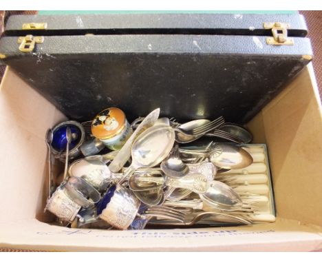 Various Silver plated cutlery etc and two Halcyon Days enamel boxes