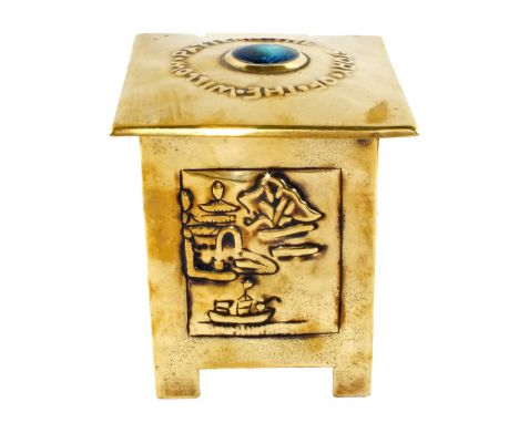 Scottish Arts and Crafts square Brass tea caddy, the hinged lid inset with cabochon and embossed "The Story of the Willow Pat