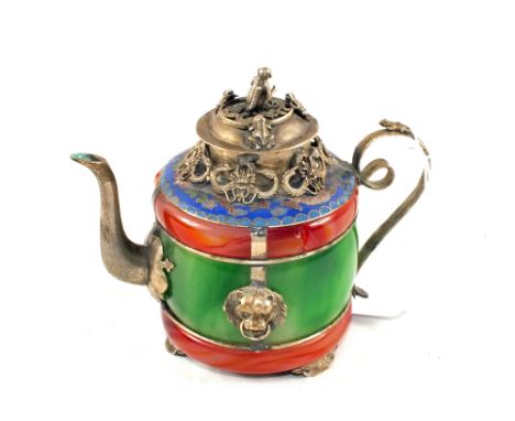 A Chinese white metal, enamel and stone clad teapot
