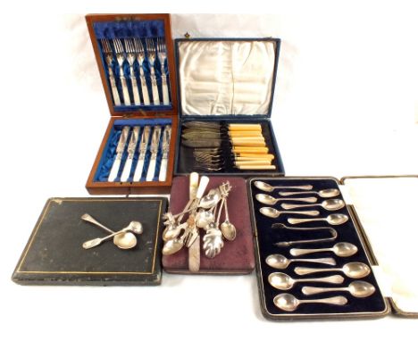 A cased part set of Mother of Pearl knives and forks plus other Silver plated cutlery, six Silver teaspoons, Sheffield 1924 a