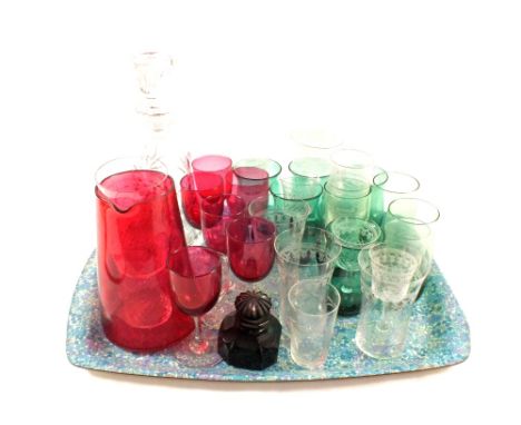 A Bristol blue glass inkwell and cranberry and other glass