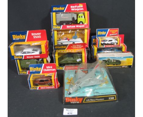 Collection of eight Dinky diecast toy vehicles in original boxes to include; refuse wagon 978, Triumph TR7 rally 207, Mercede