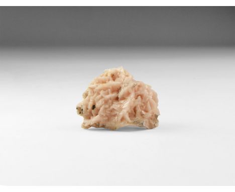 A fine specimen of pale pink dolomite crystals, in white card box with label reading: 'PINK DOLOMITE, Touissite, Morocco'.   